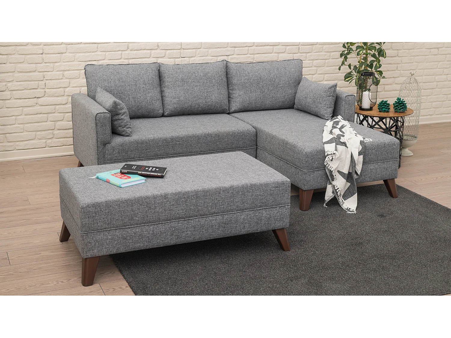Petit canapé convertible d'angle droit avec pouf tissu gris Kandy 205cm