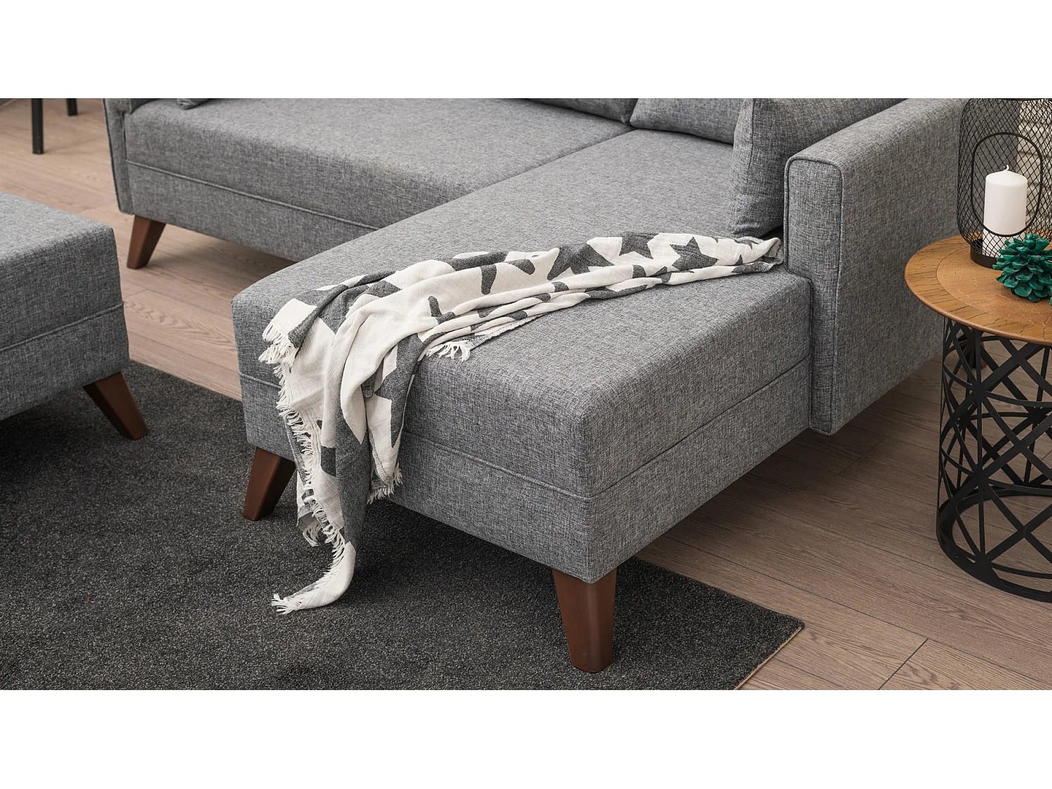 Petit canapé convertible d'angle droit avec pouf tissu gris Kandy 205cm