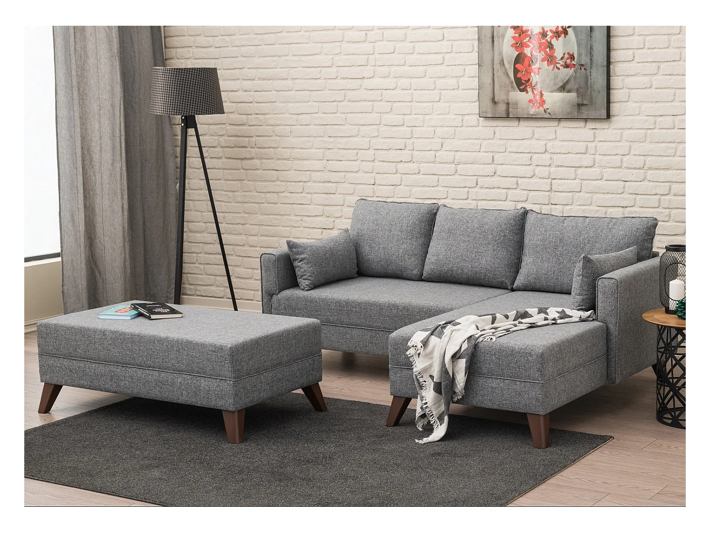 Petit canapé convertible d'angle droit avec pouf tissu gris Kandy 205cm