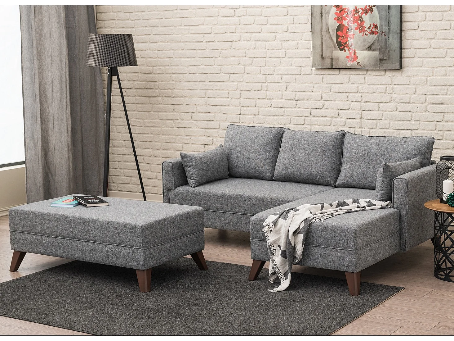 Petit canapé convertible d'angle droit avec pouf tissu gris Kandy 205cm