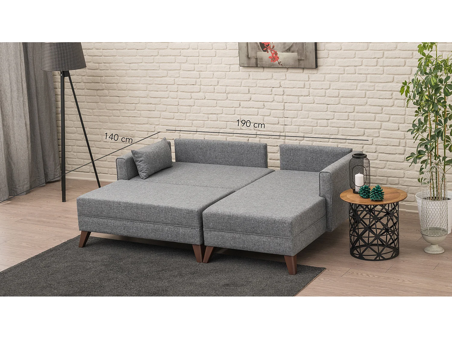 Petit canapé convertible d'angle droit avec pouf tissu gris Kandy 205cm