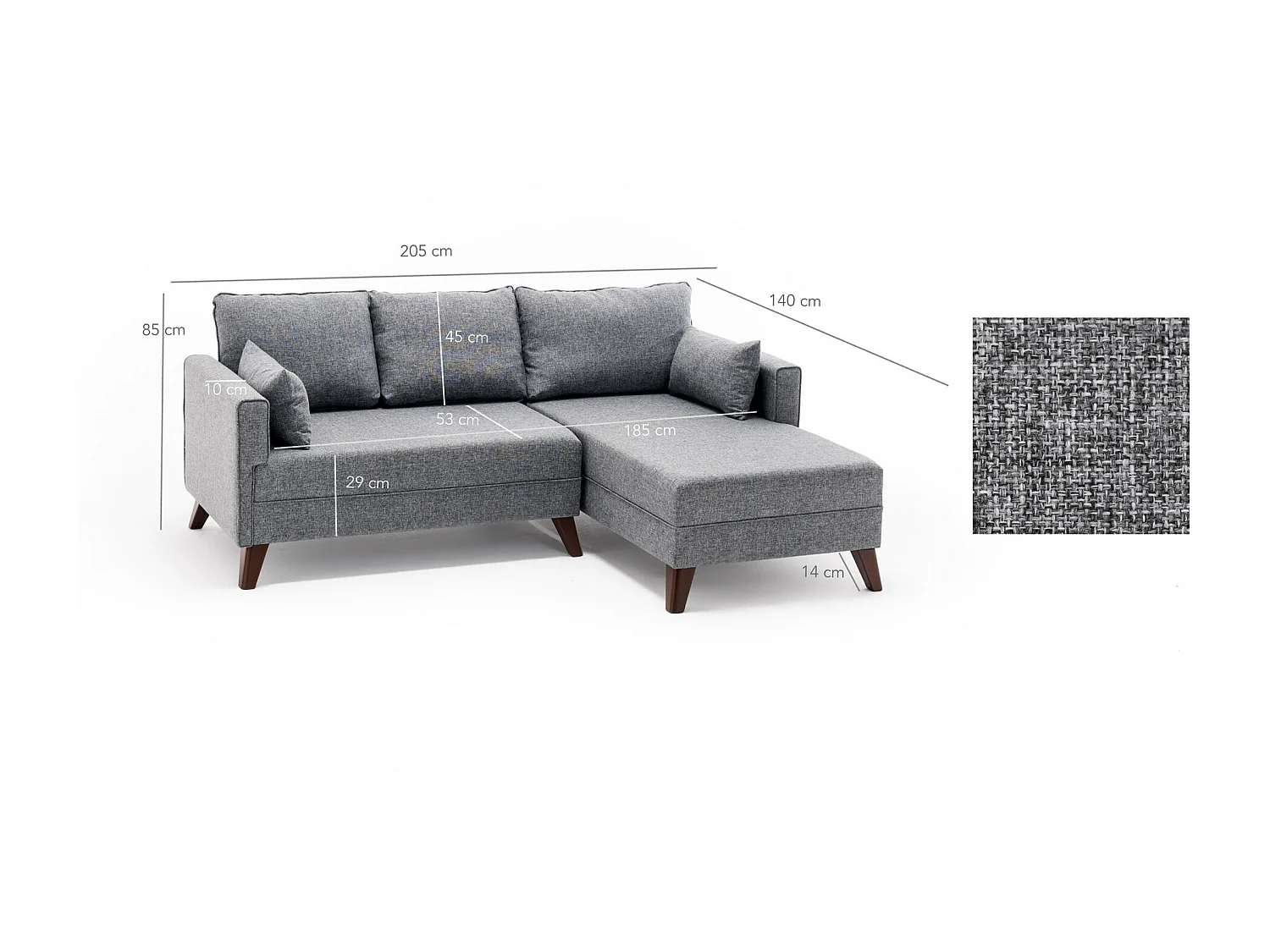 Petit canapé convertible d'angle droit avec pouf tissu gris Kandy 205cm