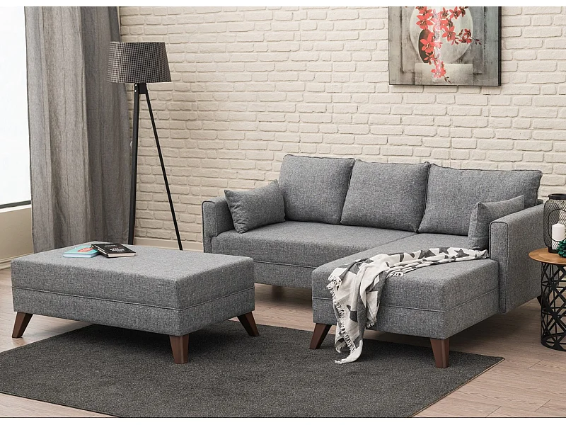 Petit canapé convertible d'angle droit avec pouf tissu gris Kandy 205cm