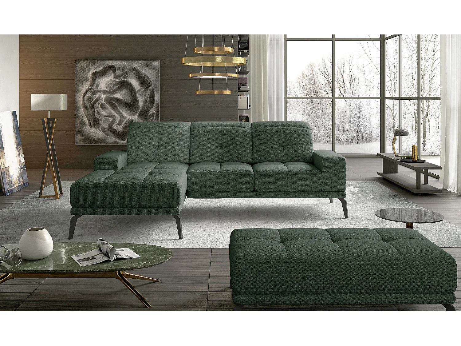 Canapé d'angle gauche 5 places tissu vert avocat Torpille 265cm