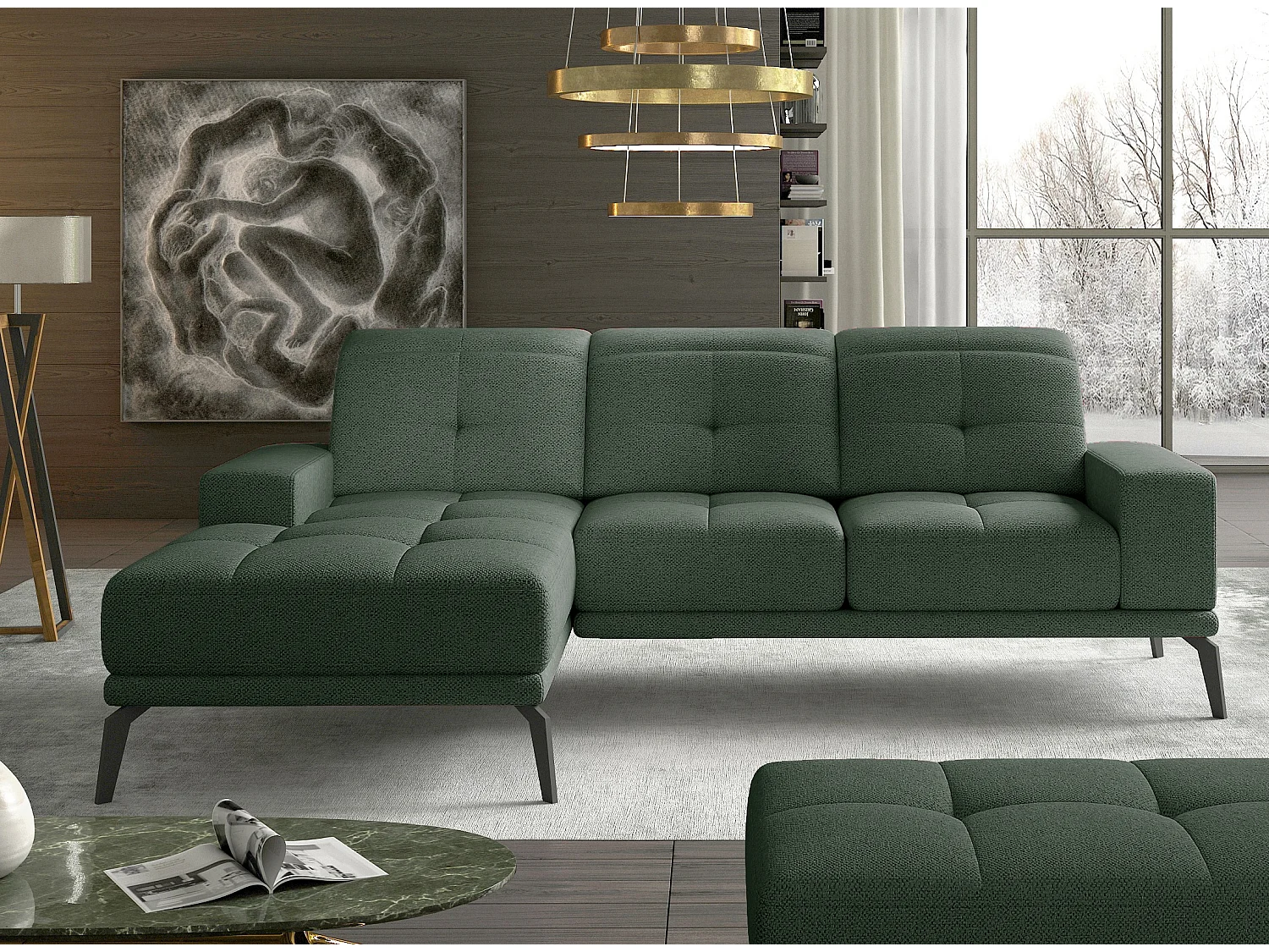 Canapé d'angle gauche 5 places tissu vert avocat Torpille 265cm