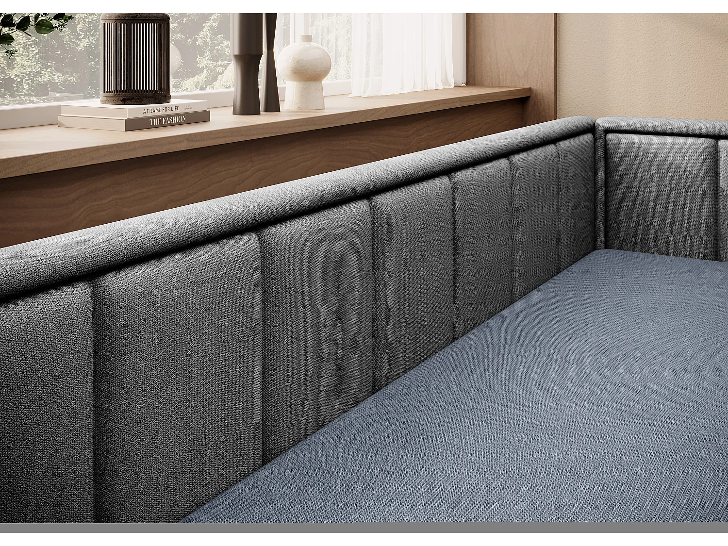 Canapé banquette convertible 3 places tissu doux Figo 214cm-Couleur Gris clair-angle droit