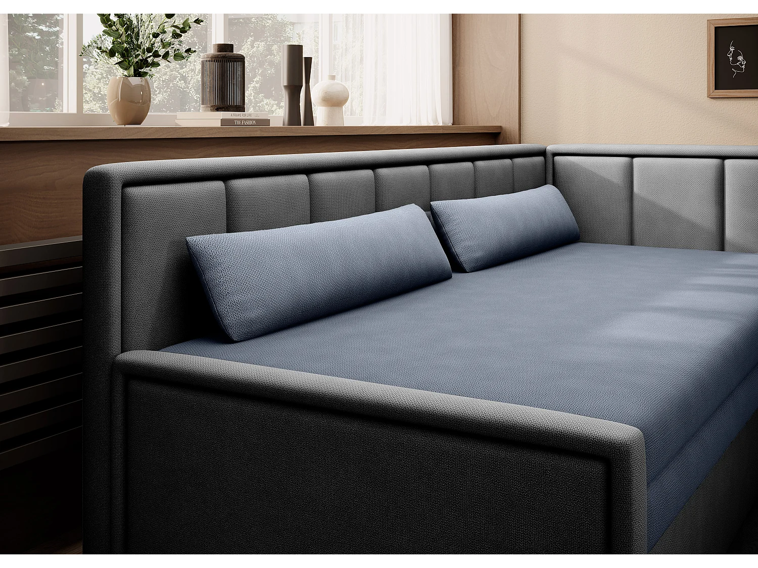 Canapé banquette convertible 3 places tissu doux Figo 214cm-Couleur Gris clair-angle droit