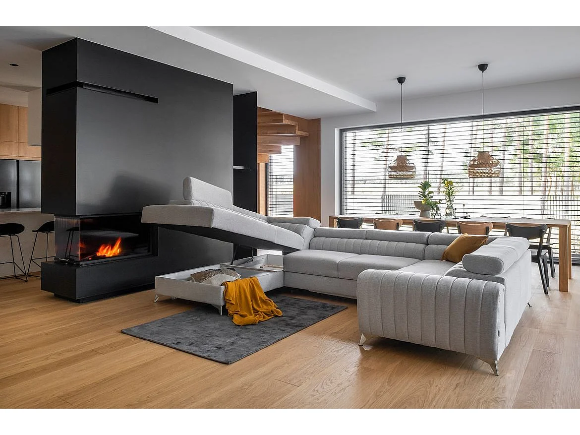 Canapé panoramique convertible tissu anthracite avec coffre de rangement Louve 340cm-Coffre de rangement à gauche