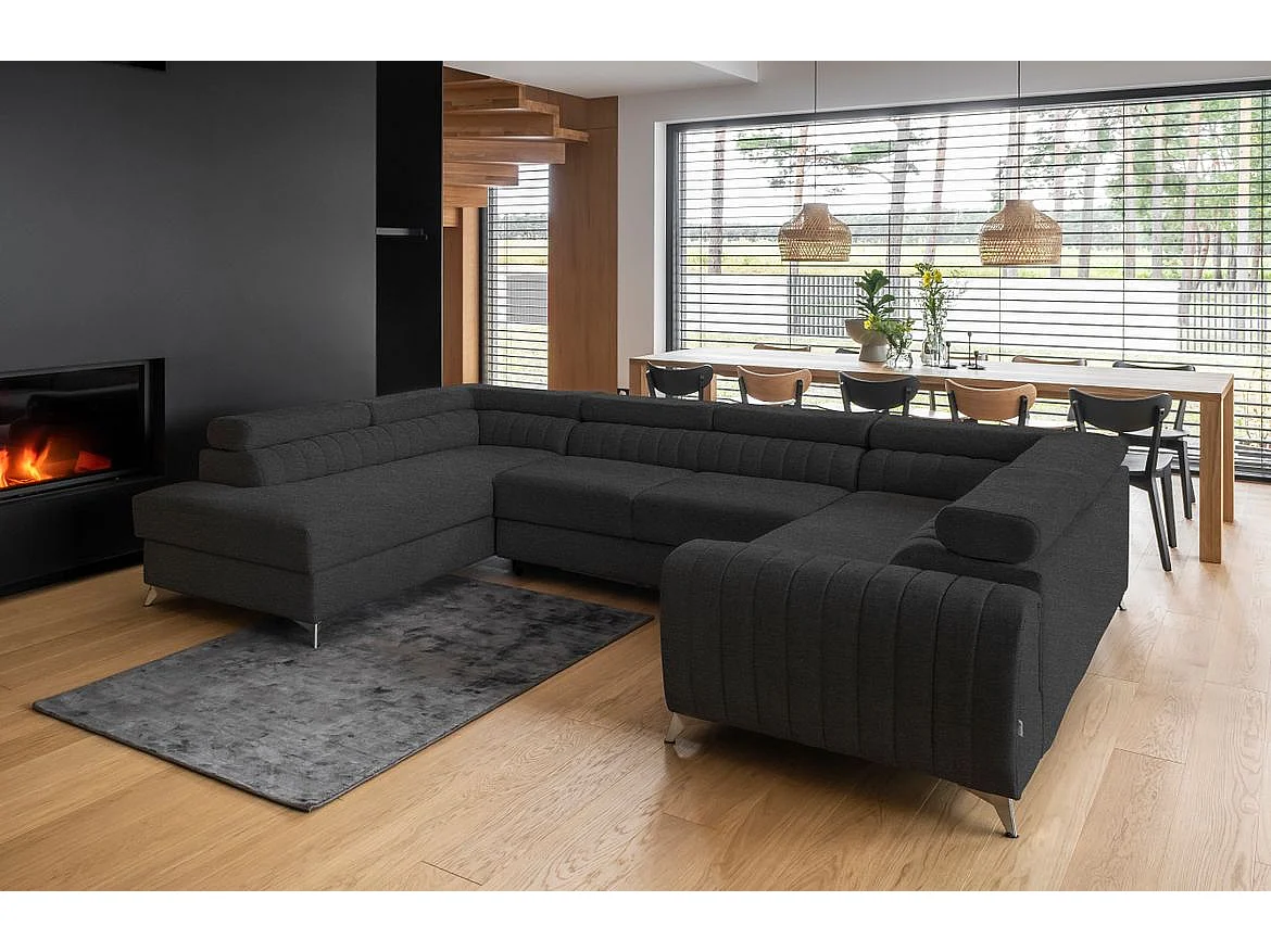 Canapé panoramique convertible tissu anthracite avec coffre de rangement Louve 340cm-Coffre de rangement à gauche
