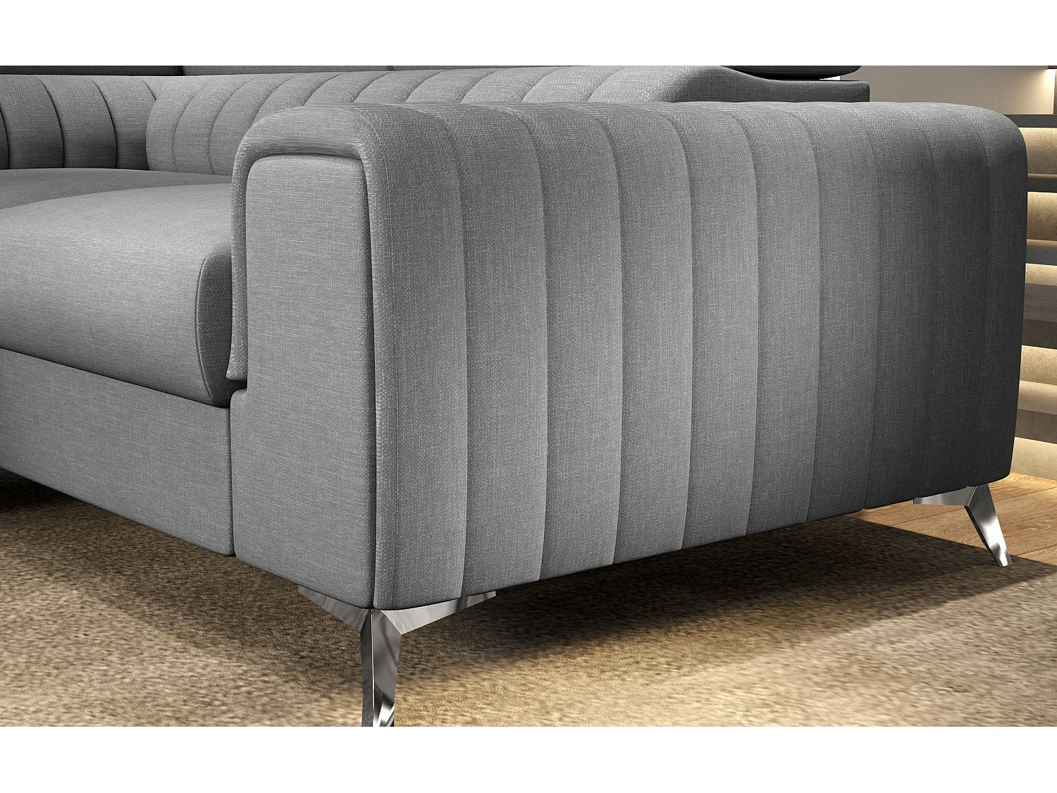 Canapé panoramique convertible tissu anthracite avec coffre de rangement Louve 340cm-Coffre de rangement à gauche