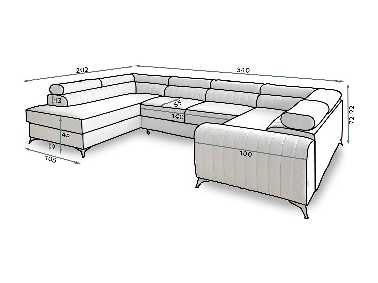 Canapé panoramique convertible LOUVE tissu - Rangement et têtières réglables-Gris foncé chiné-Coffre à gauche