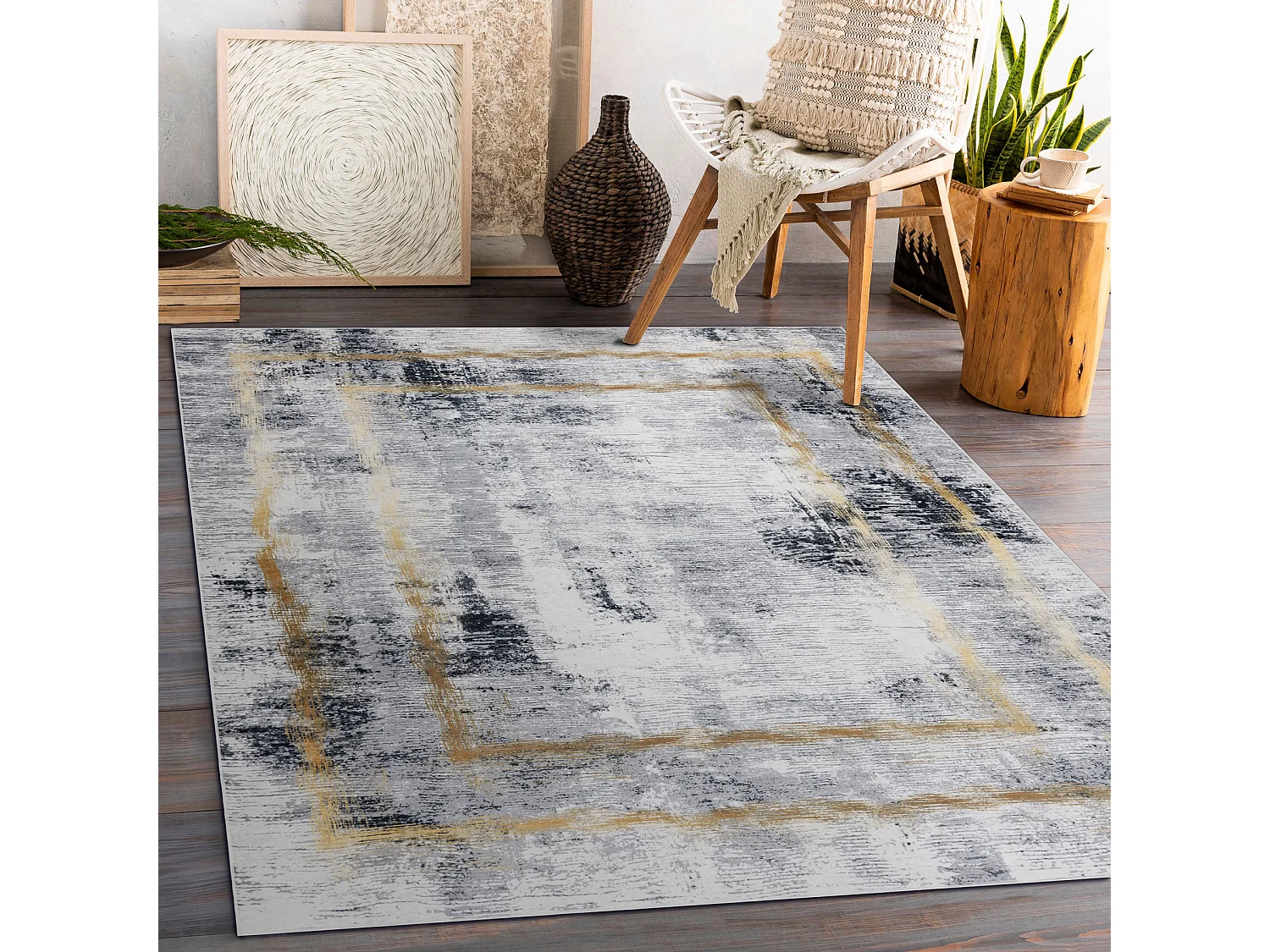 ANDRE 1065 tapijt wasbaar Kader vintage antislip - grijs / goud 120x170 cm