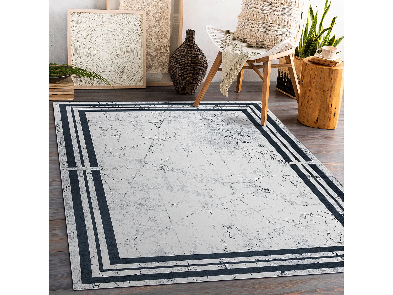 ANDRE 1023 tapijt wasbaar Kader marmer antislip - zwart / witrand 120x170 cm