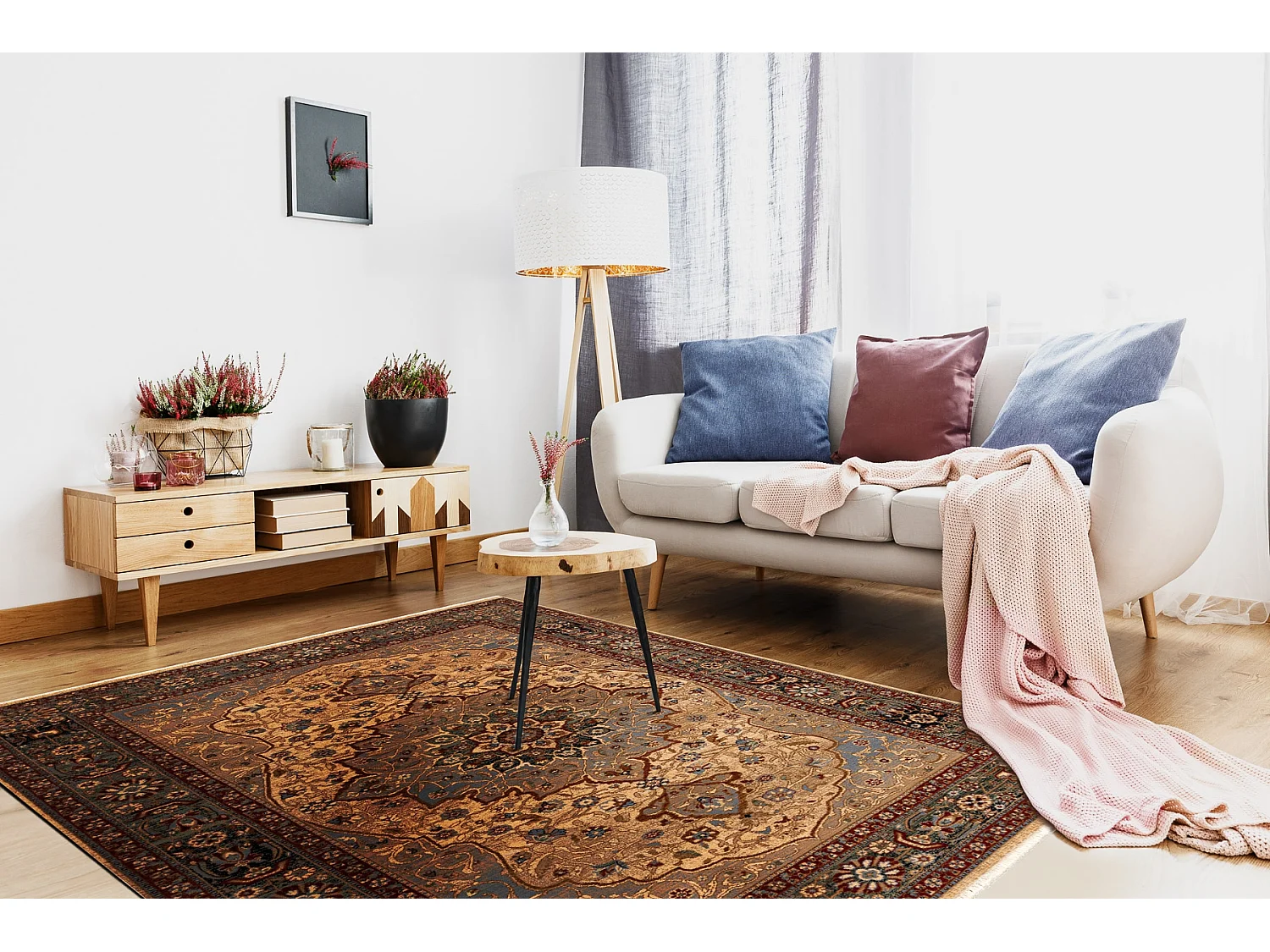 Tapis KESHAN franges, Rosette oriental 7519/53555 beige / bleu foncé 160x230 cm