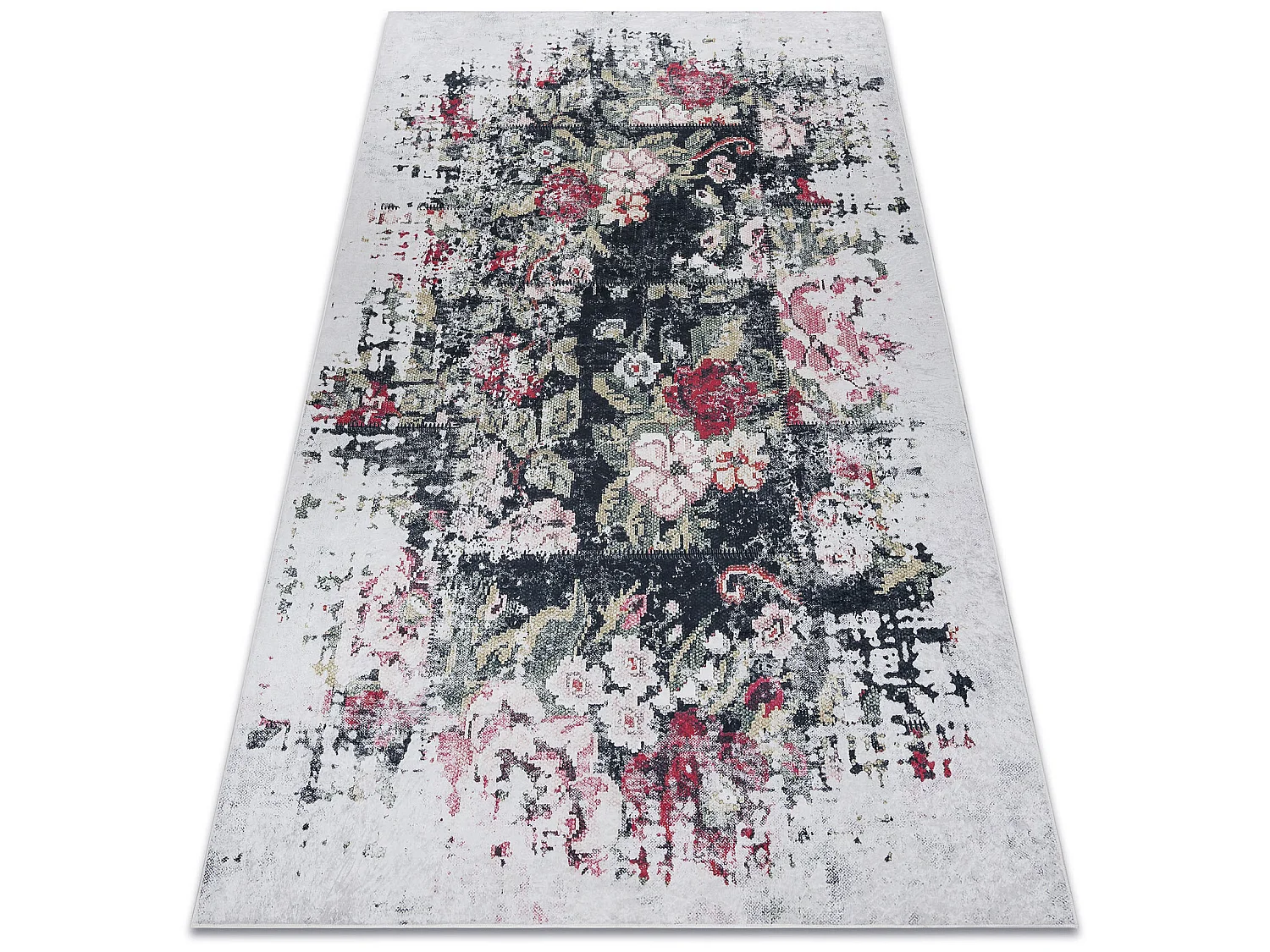 ANDRE 1816D tapijt wasbaar bloemen vintage antislip - wit / rood 80x150 cm