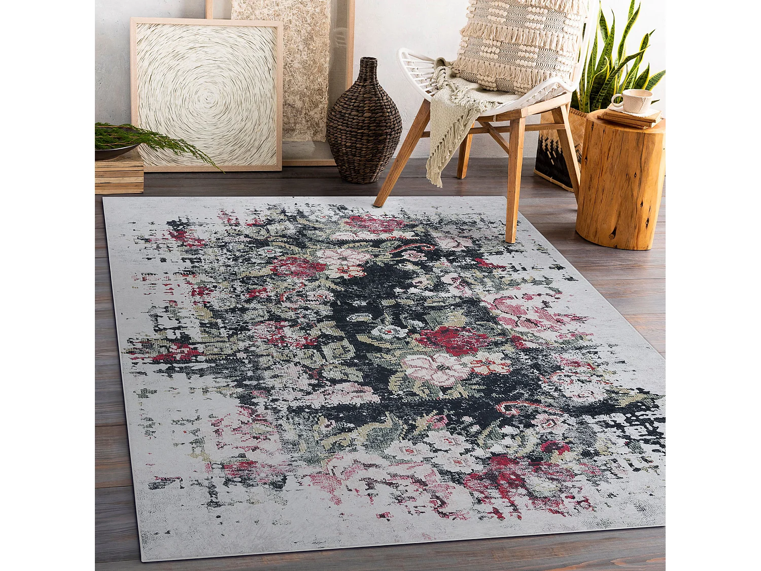 ANDRE 1816D tapijt wasbaar bloemen vintage antislip - wit / rood 80x150 cm