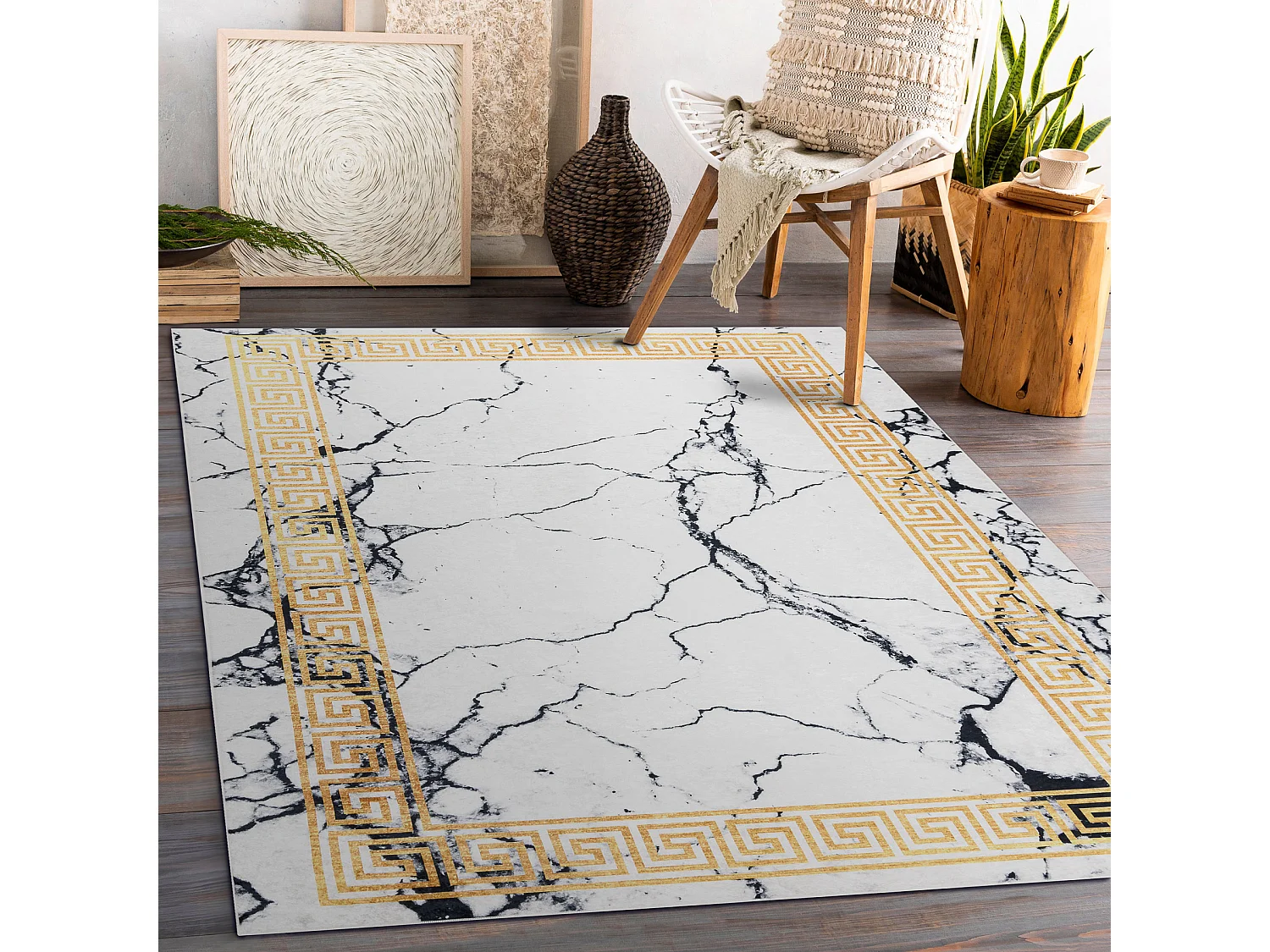 Tapis lavable ANDRE 1126 Marbre, grec antidérapant - blanc / or 120x170 cm