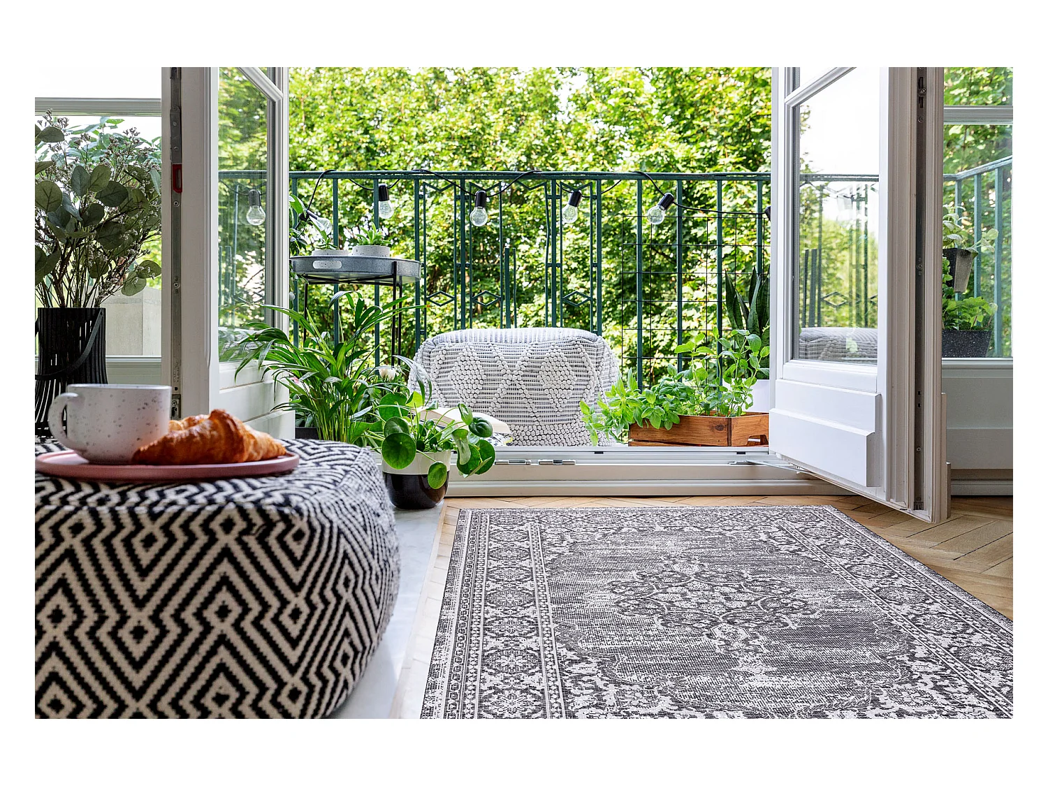 Sisal tapijt SISAL LOFT 21213 Ornament blauw / zilver / zwartkleuring 160x230 cm