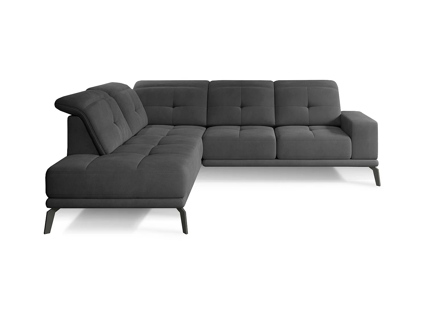 Canapé d'angle gauche design matelassé tissu doux noir et pied noir Kazane 275cm