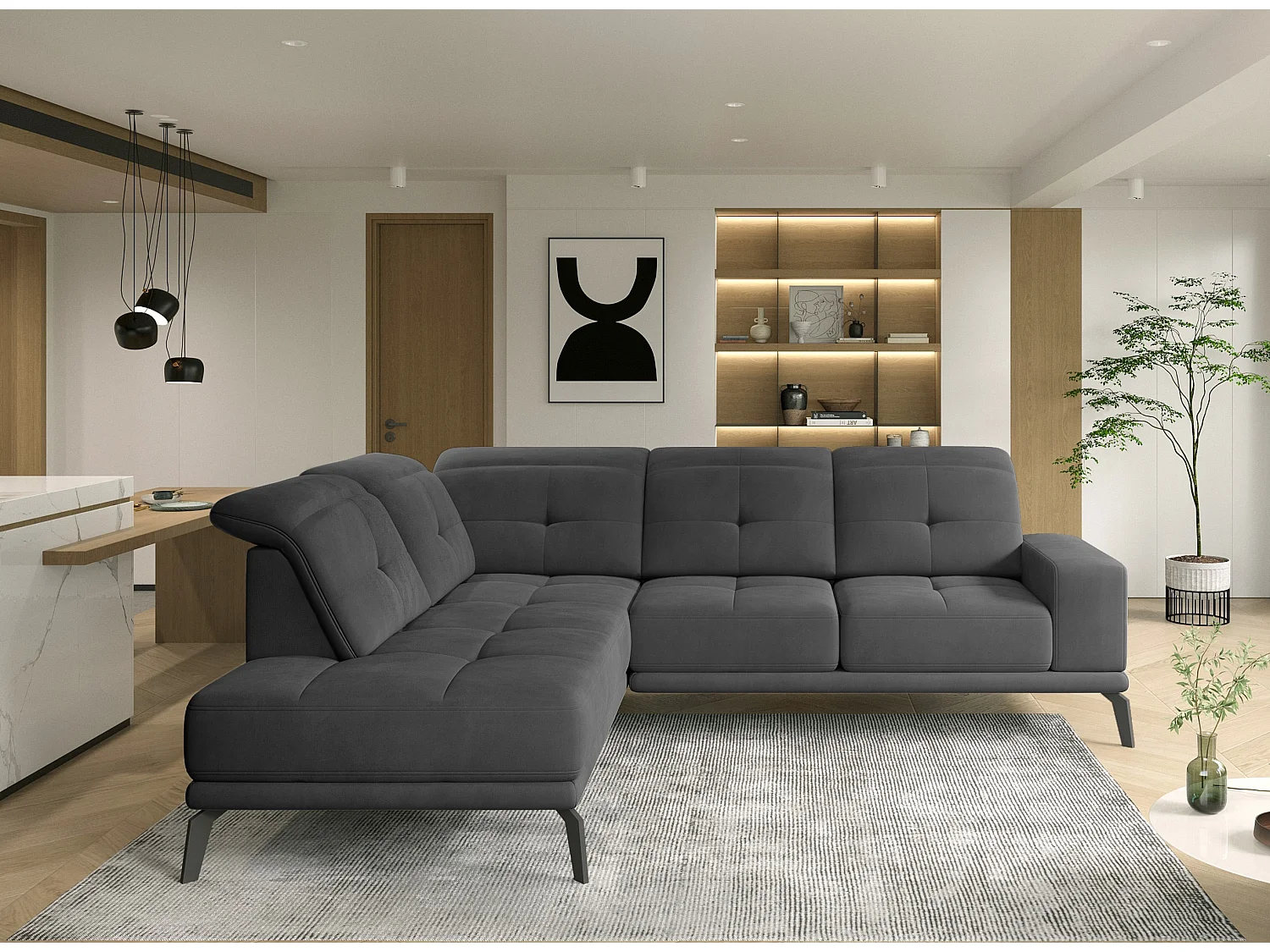 Canapé d'angle gauche design matelassé tissu doux noir et pied noir Kazane 275cm