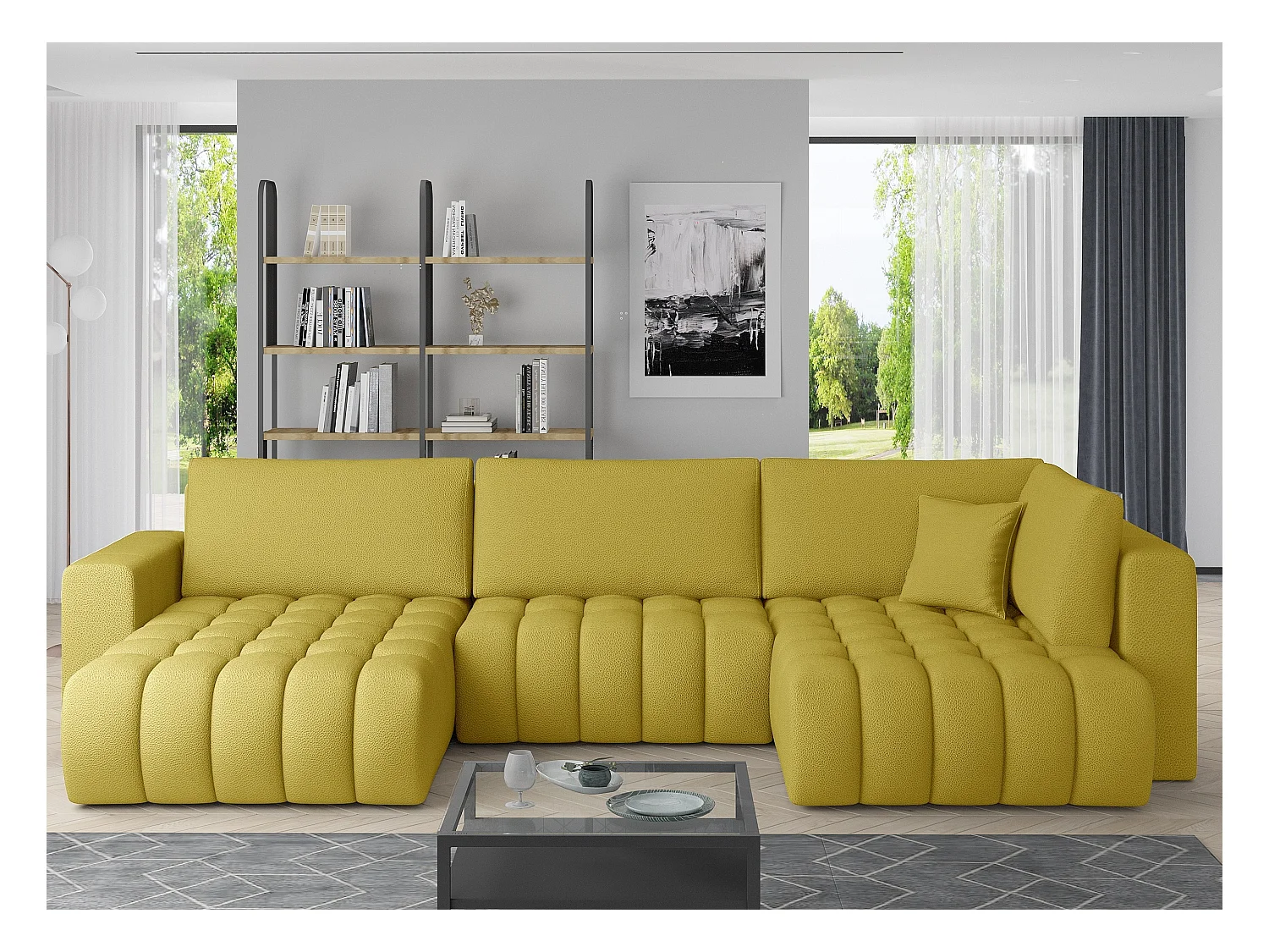 Panoramische converteerbare designbank gecapitonneerd gele stof links chaise longue Boston 350 cm