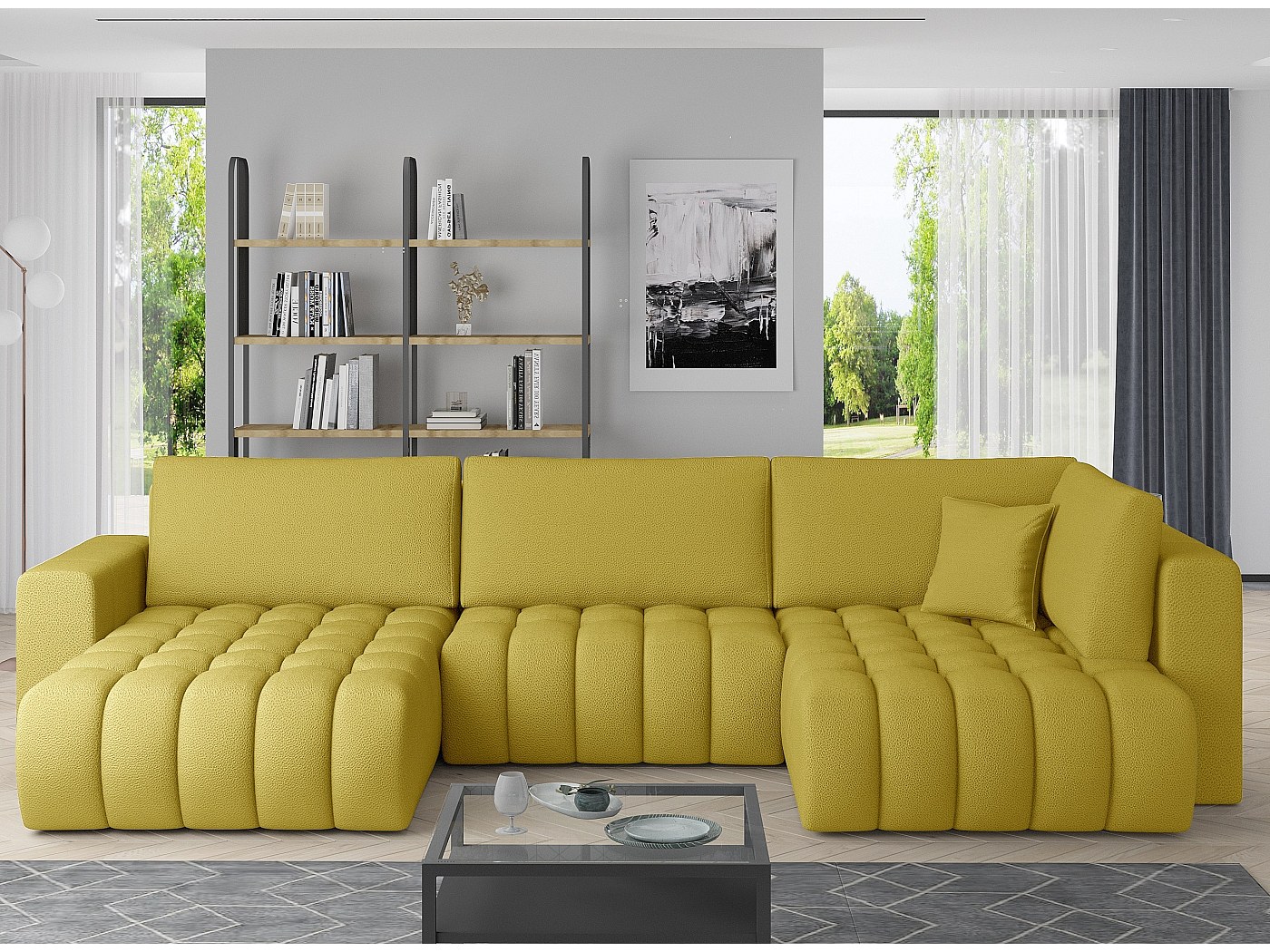Canapé panoramique convertible design capitonné tissu jaune méridienne ...