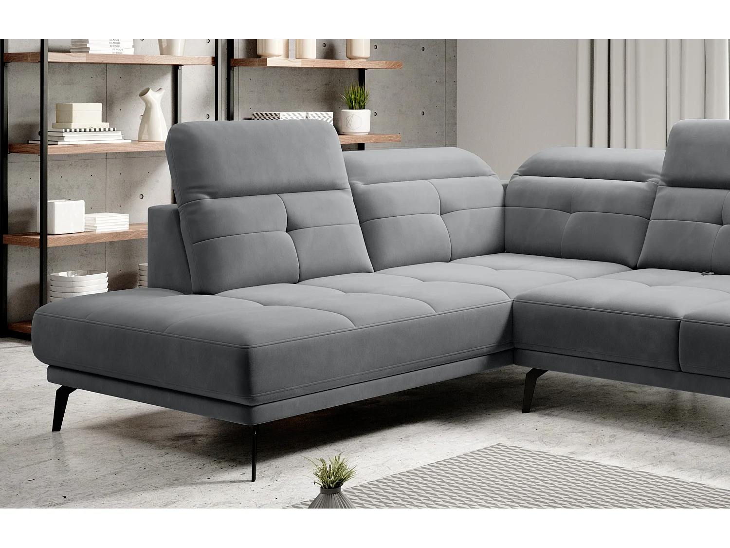 Canapé panoramique moderne velours gris foncé têtières angle gauche Versus 350cm