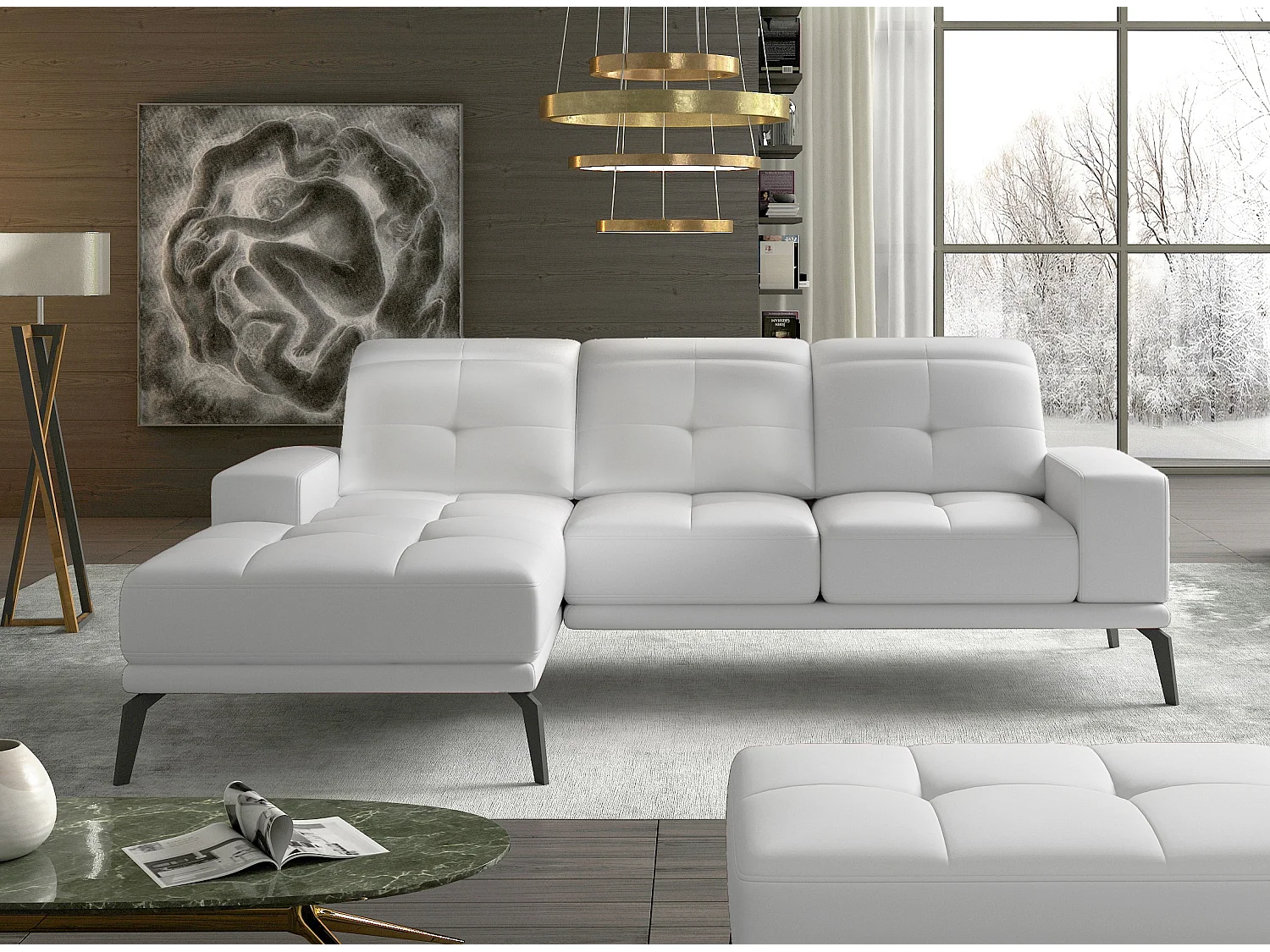 5-zits hoekbank links in wit kunstleer Torpille 265 cm