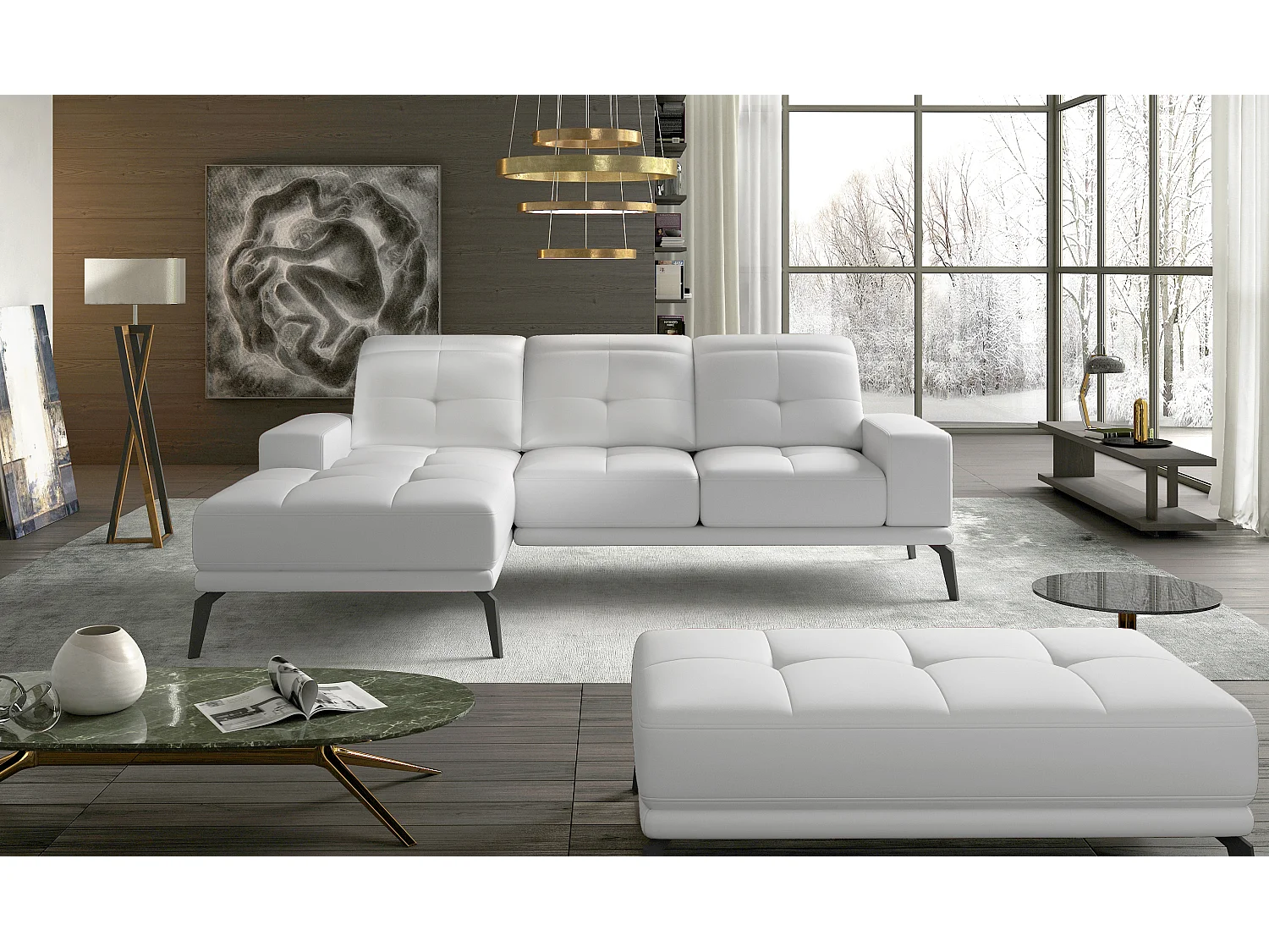 Canapé d'angle gauche 5 places simili cuir blanc Torpille 265cm