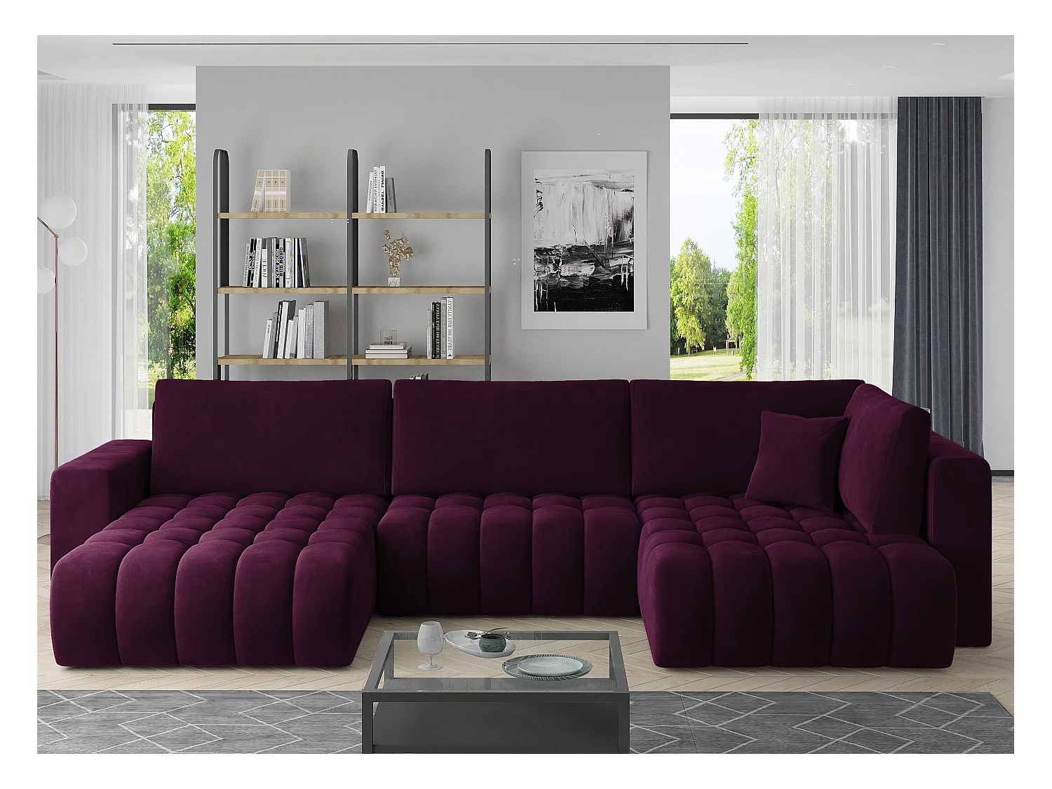 Canapé panoramique convertible design capitonné velours bordeaux méridienne gauche Boston 350cm