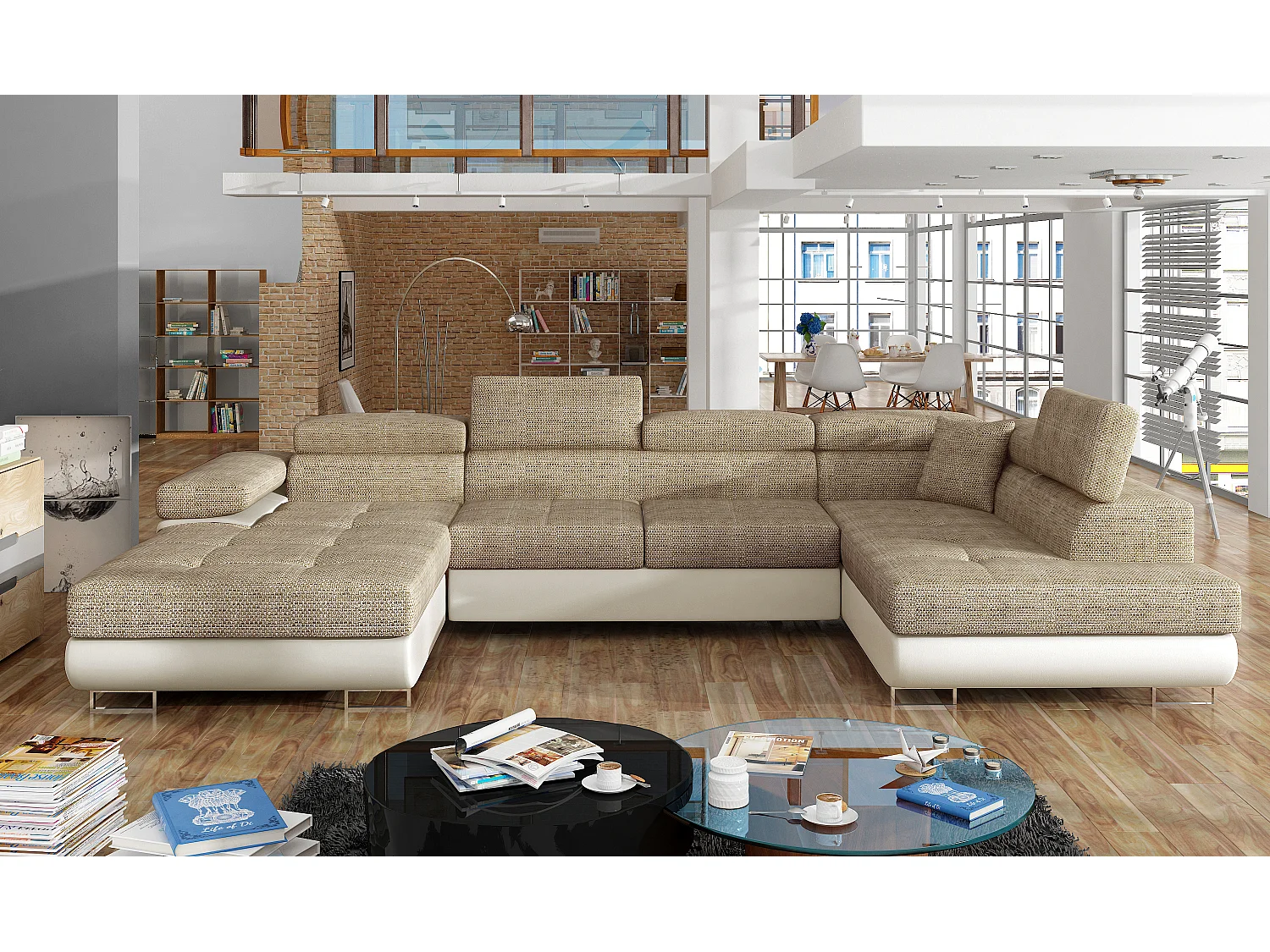 Canapé panoramique tissu beige clair chiné et simili cuir beige convertible avec coffre de rangement Romano 345cm-Coffre de rangement à droite