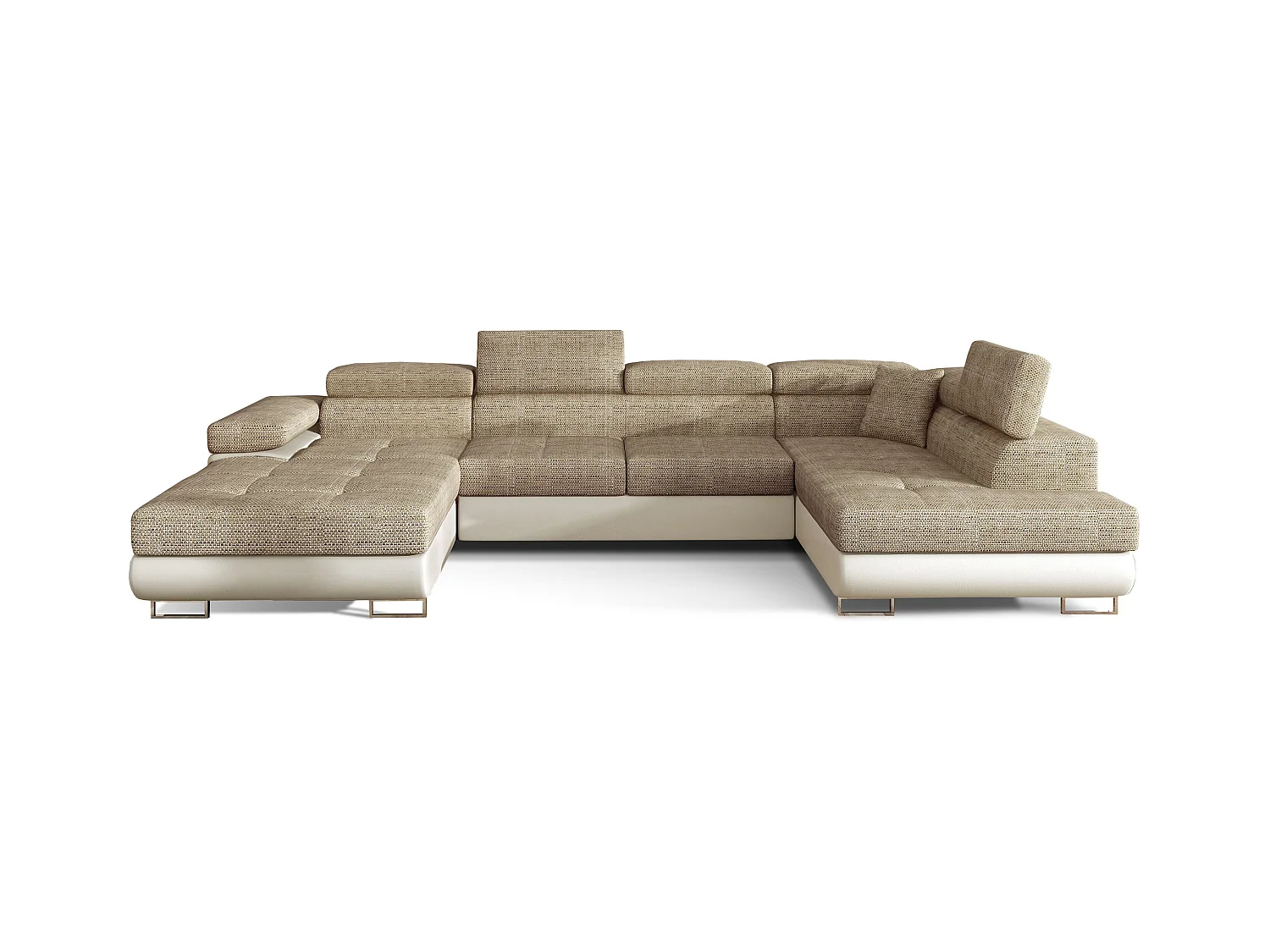 Canapé panoramique tissu beige clair chiné et simili cuir beige convertible avec coffre de rangement Romano 345cm-Coffre de rangement à droite