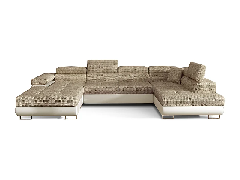 Canapé panoramique tissu beige clair chiné et simili cuir beige convertible avec coffre de rangement Romano 345cm-Coffre de rangement à droite