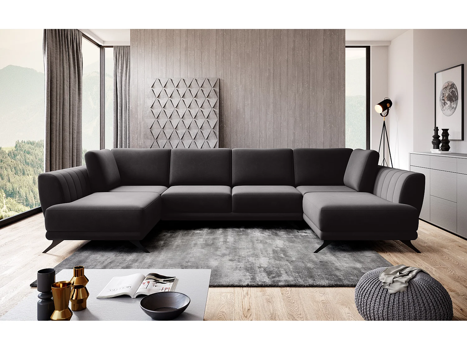 Canapé d'angle panoramique 6 places velours marron Largos 362cm