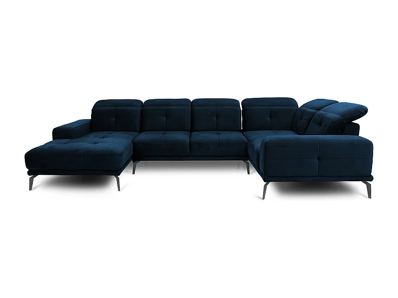 Canapé panoramique design tissu bleu nuit têtières angle droit avec accoudoir Stan 350cm