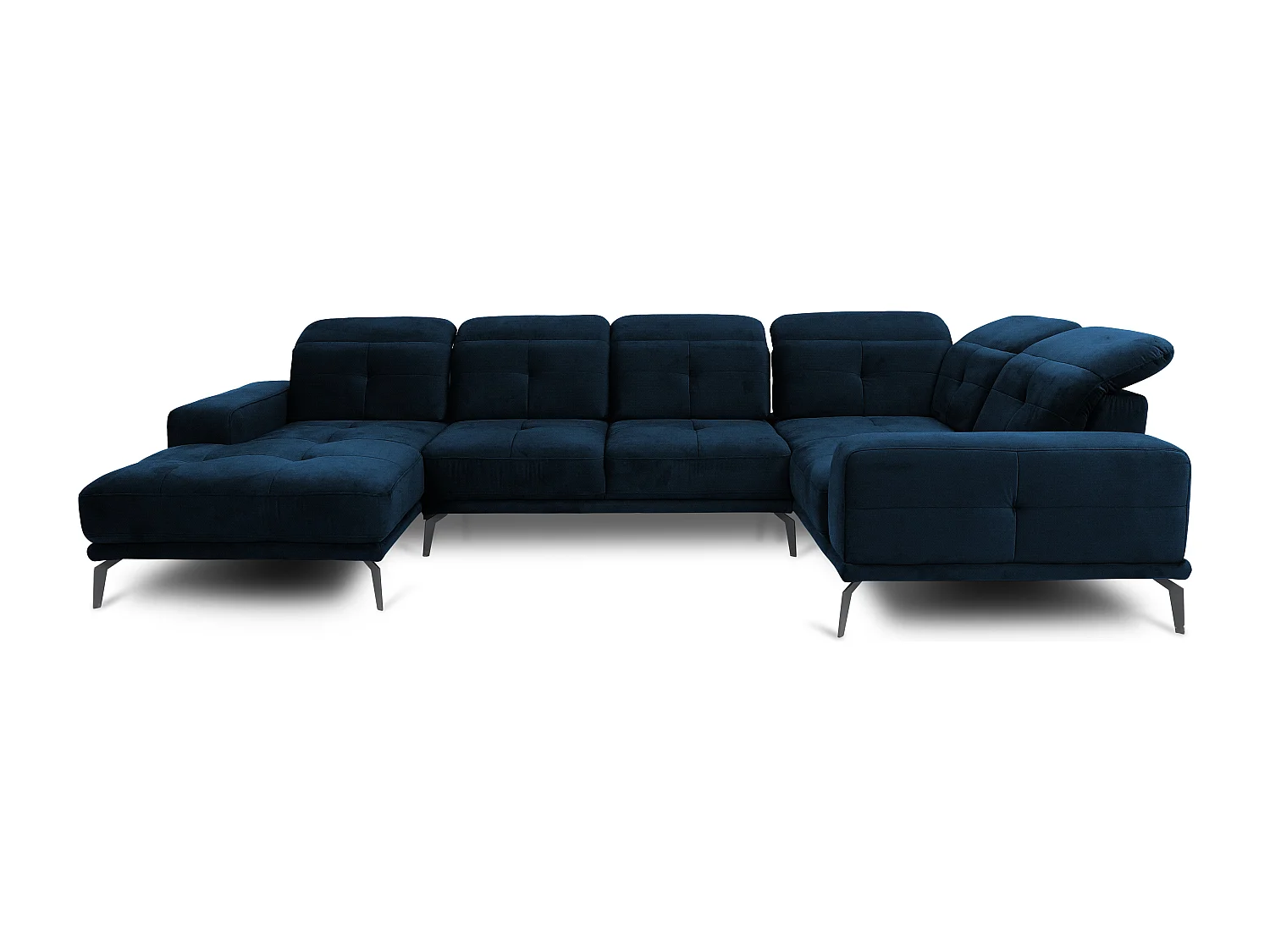 Canapé panoramique design tissu bleu nuit têtières angle droit avec accoudoir Stan 350cm
