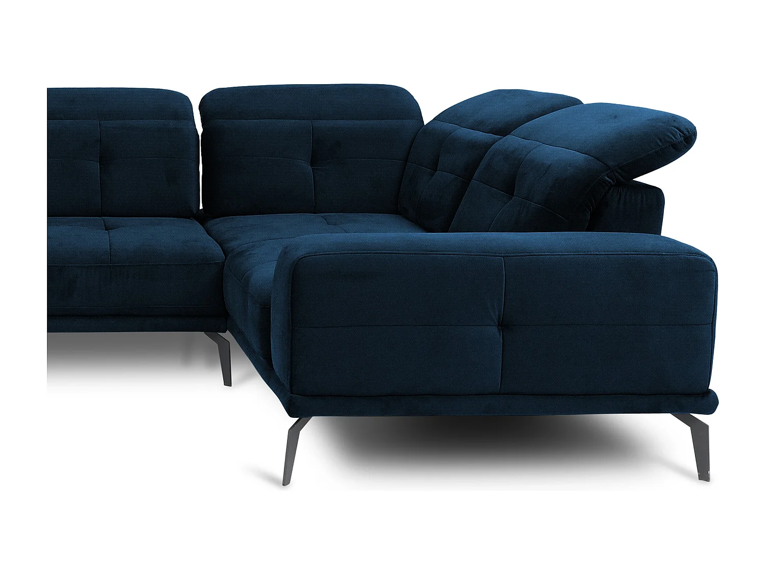 Canapé panoramique design tissu bleu nuit têtières angle droit avec accoudoir Stan 350cm