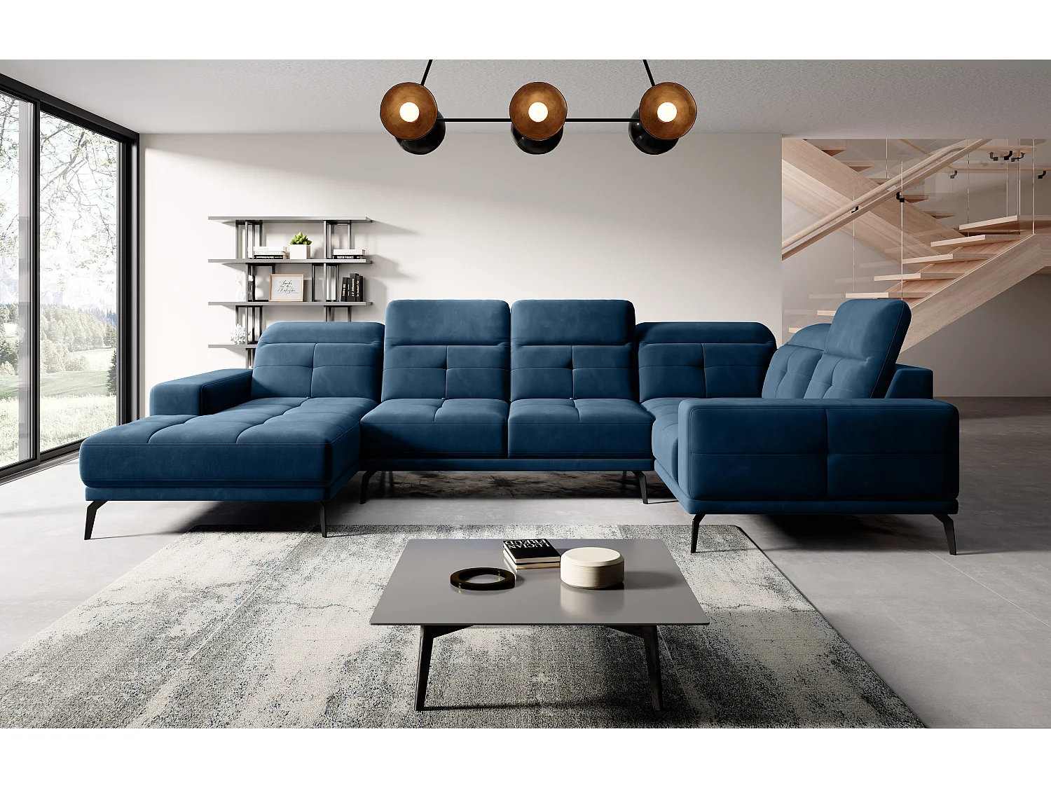 Canapé panoramique design tissu bleu nuit têtières angle droit avec accoudoir Stan 350cm