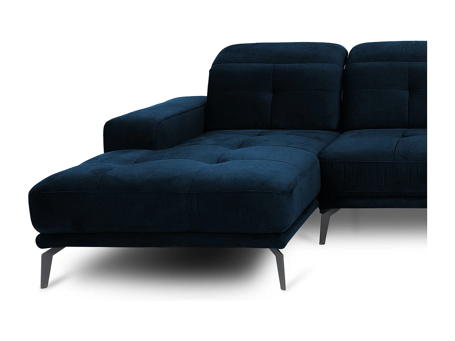 Canapé panoramique design tissu bleu nuit têtières angle droit avec accoudoir Stan 350cm