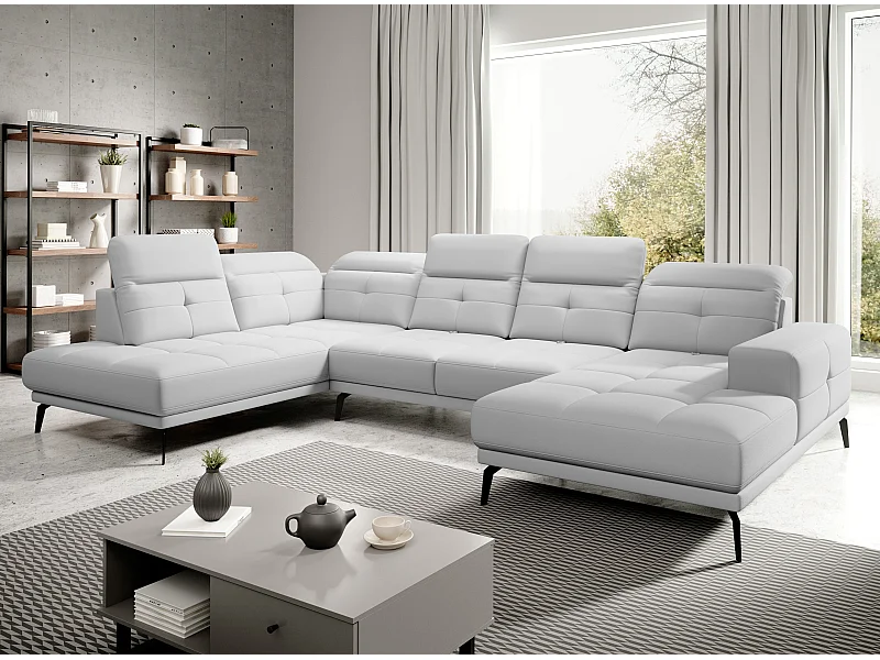 Moderne panoramische bank wit kunstleer linkshoek Versus 350 cm