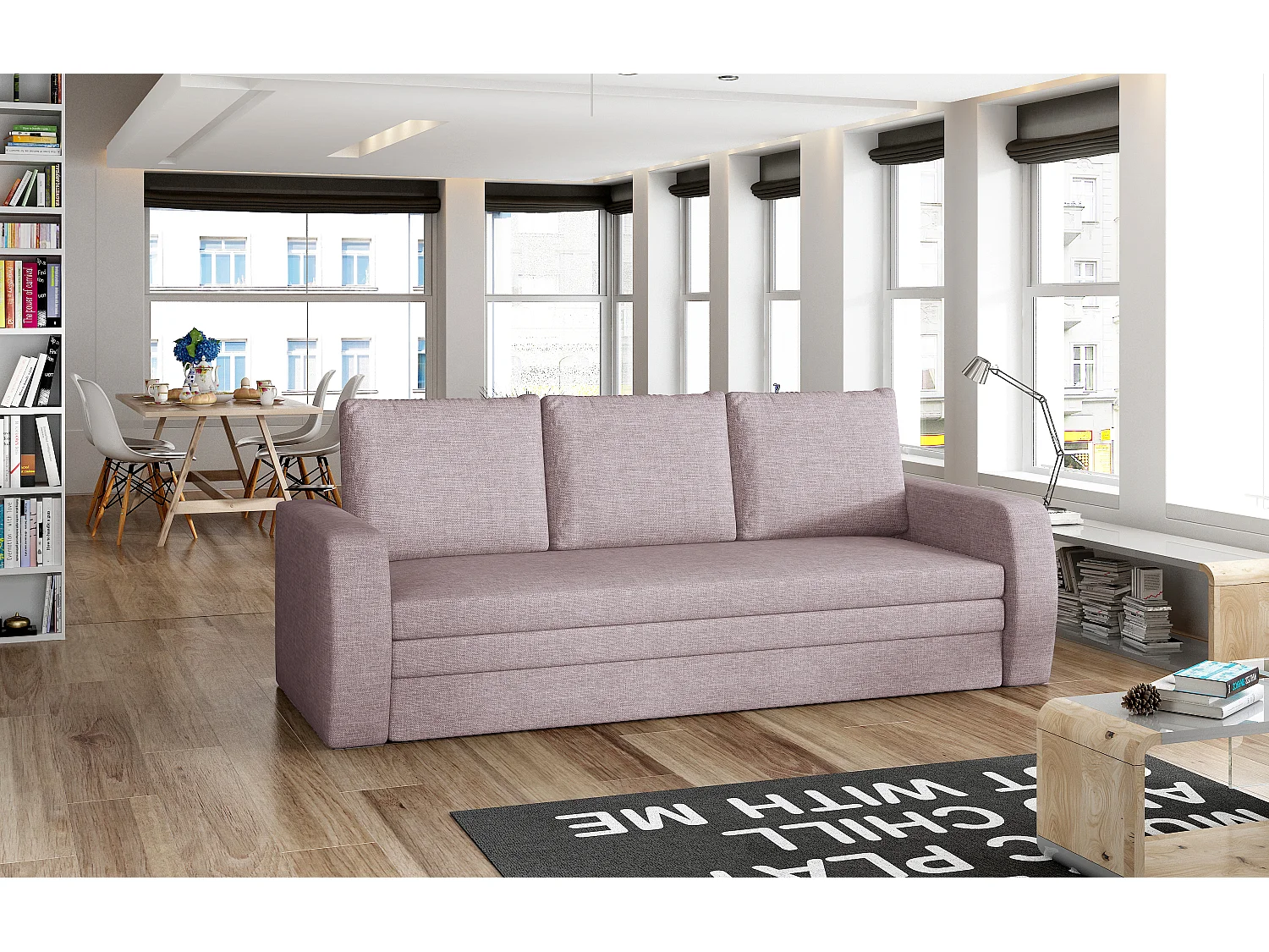 Canapé lit tissu parme clair avec coffre de rangement Liverna 220cm