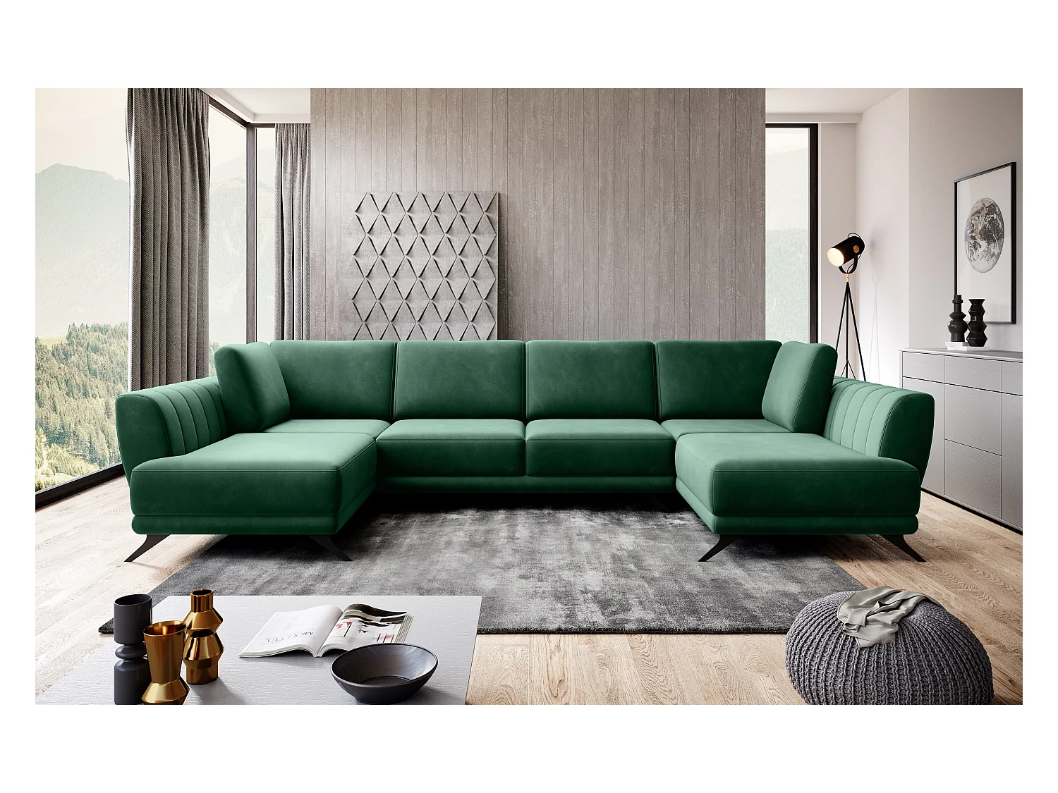 6-zits panoramische hoekbank in zachtgroene stof Largos 362 cm