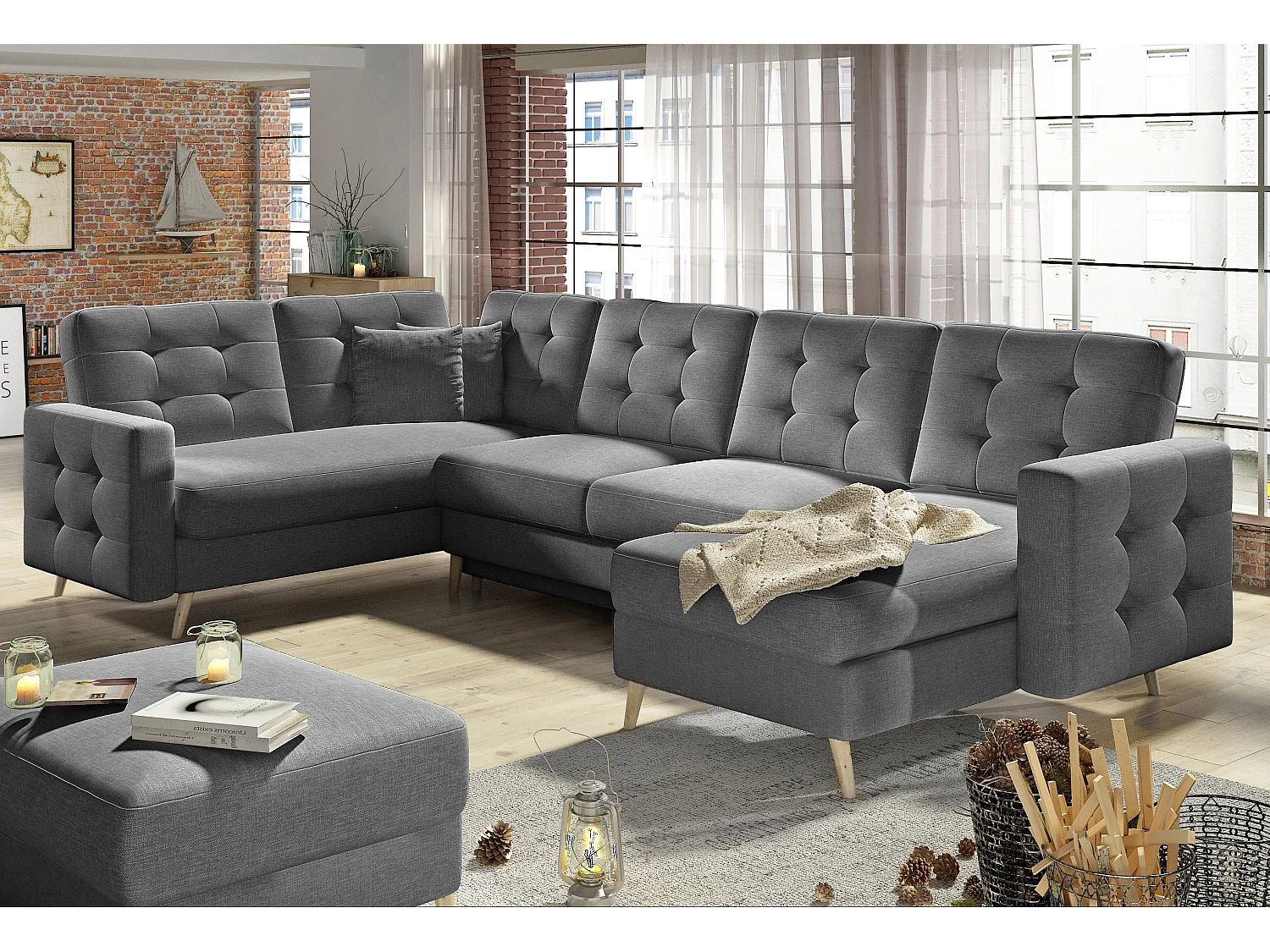 Converteerbare panoramische bank gecapitonneerd grijze stof Anska 320 cm