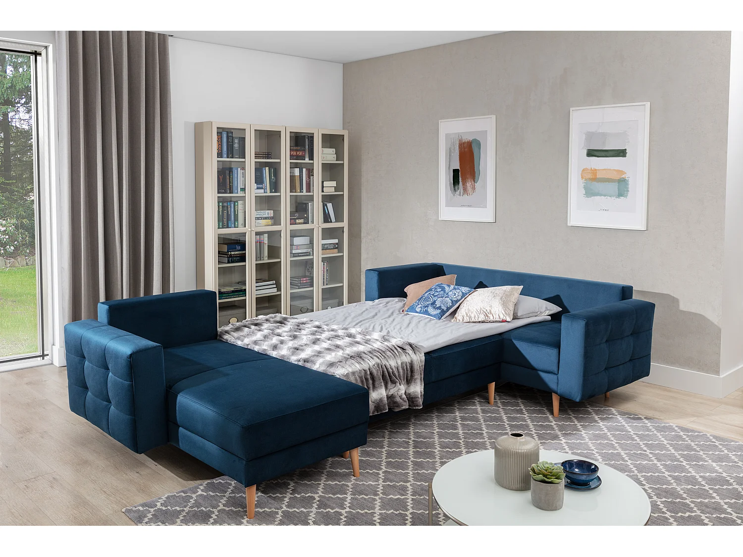 Converteerbare panoramische bank gecapitonneerd grijze stof Anska 320 cm