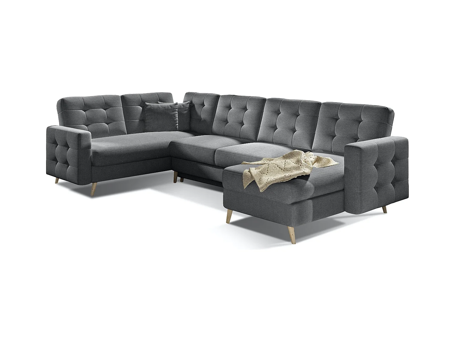 Canapé panoramique convertible capitonné tissu gris Anska 320cm