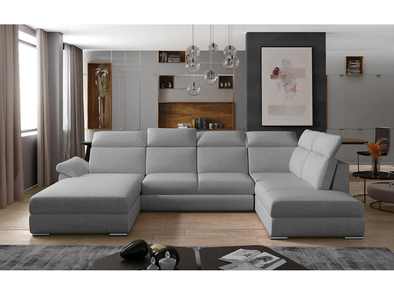 Canapé panoramique convertible tissu gris clair coffre de rangement à gauche Levano 330cm