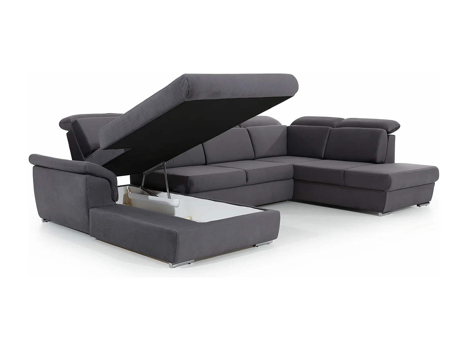 Canapé panoramique convertible tissu gris clair coffre de rangement à gauche Levano 330cm