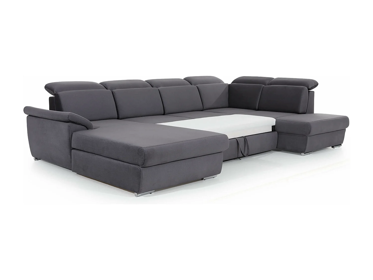 Canapé panoramique convertible tissu gris clair coffre de rangement à gauche Levano 330cm