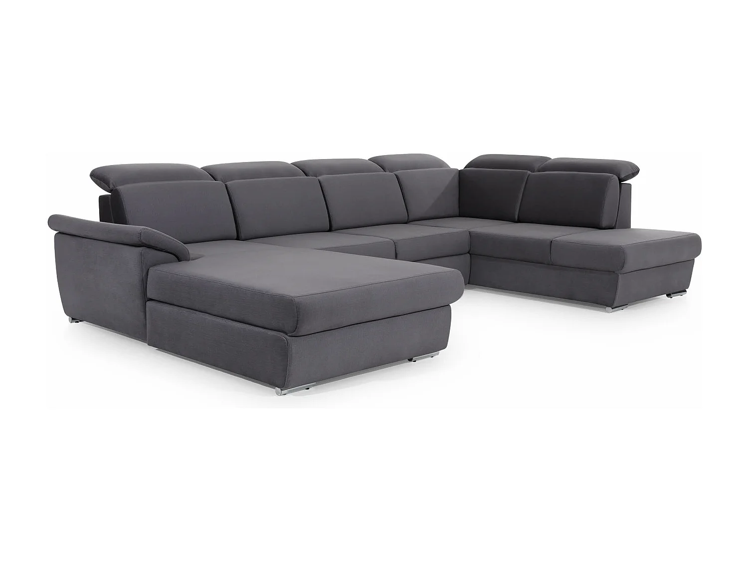 Canapé panoramique convertible tissu gris clair coffre de rangement à gauche Levano 330cm