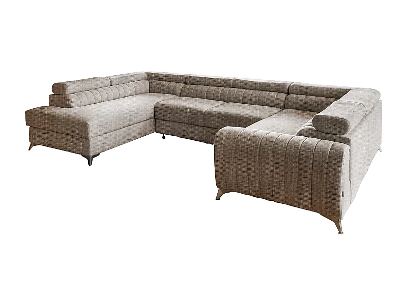 Canapé panoramique convertible tissu beige chiné avec coffre de rangement Louve 340cm-Coffre de rangement à gauche